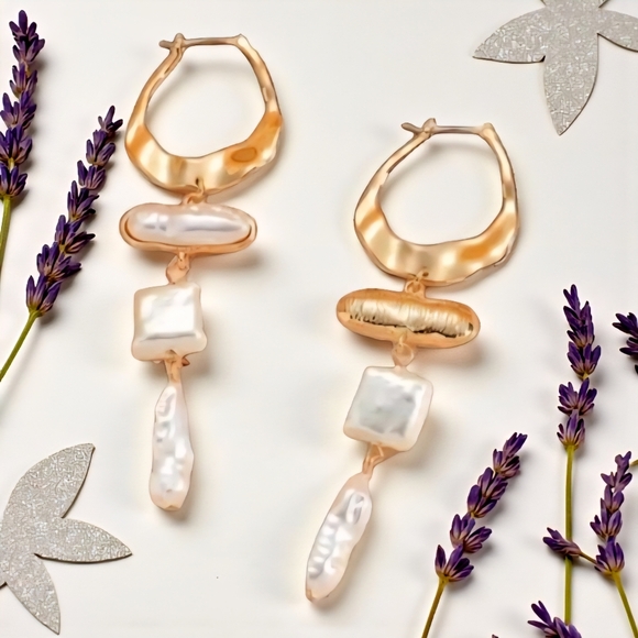 🆕️Gold Pearl Drop Earrings, Statement Dangle Earrings, Boho Chic Bridal Jewelry - Picture 11 of 13